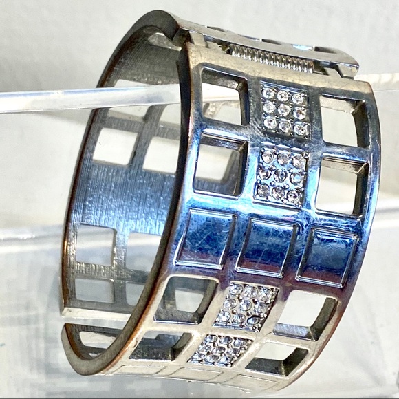 Silver Geometric Cuff Bangle Pave Bracelet - Picture 6 of 8